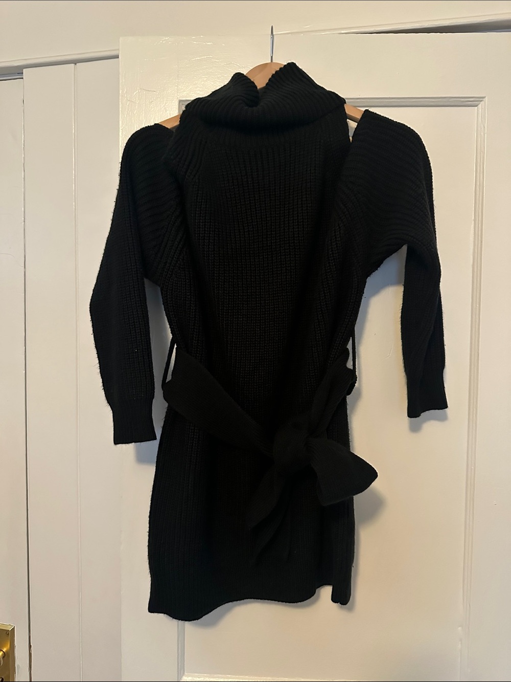 Lulu's Black Cold-Shoulder Turtleneck Sweater Dress with Waist Tie